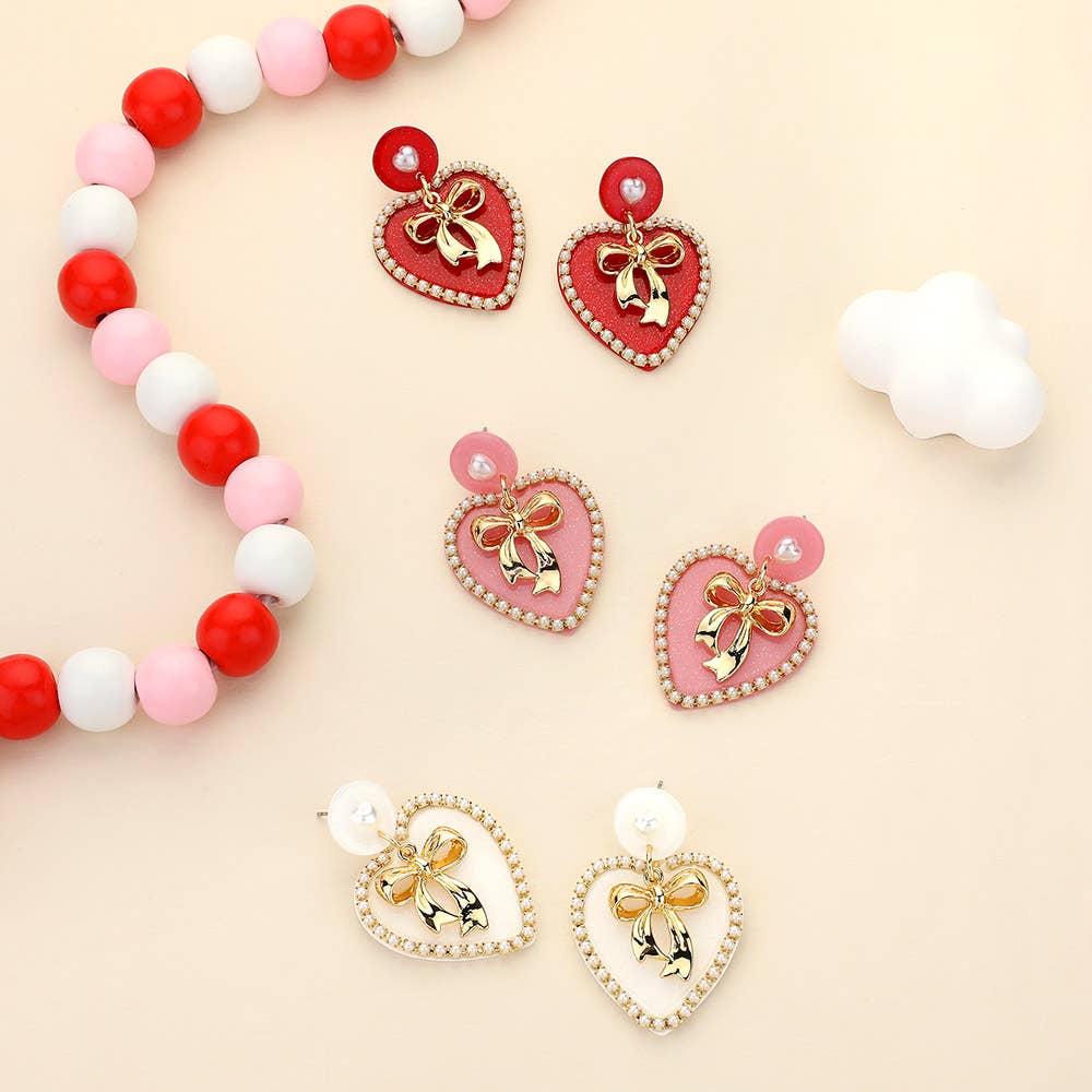 White Bow Heart Earrings