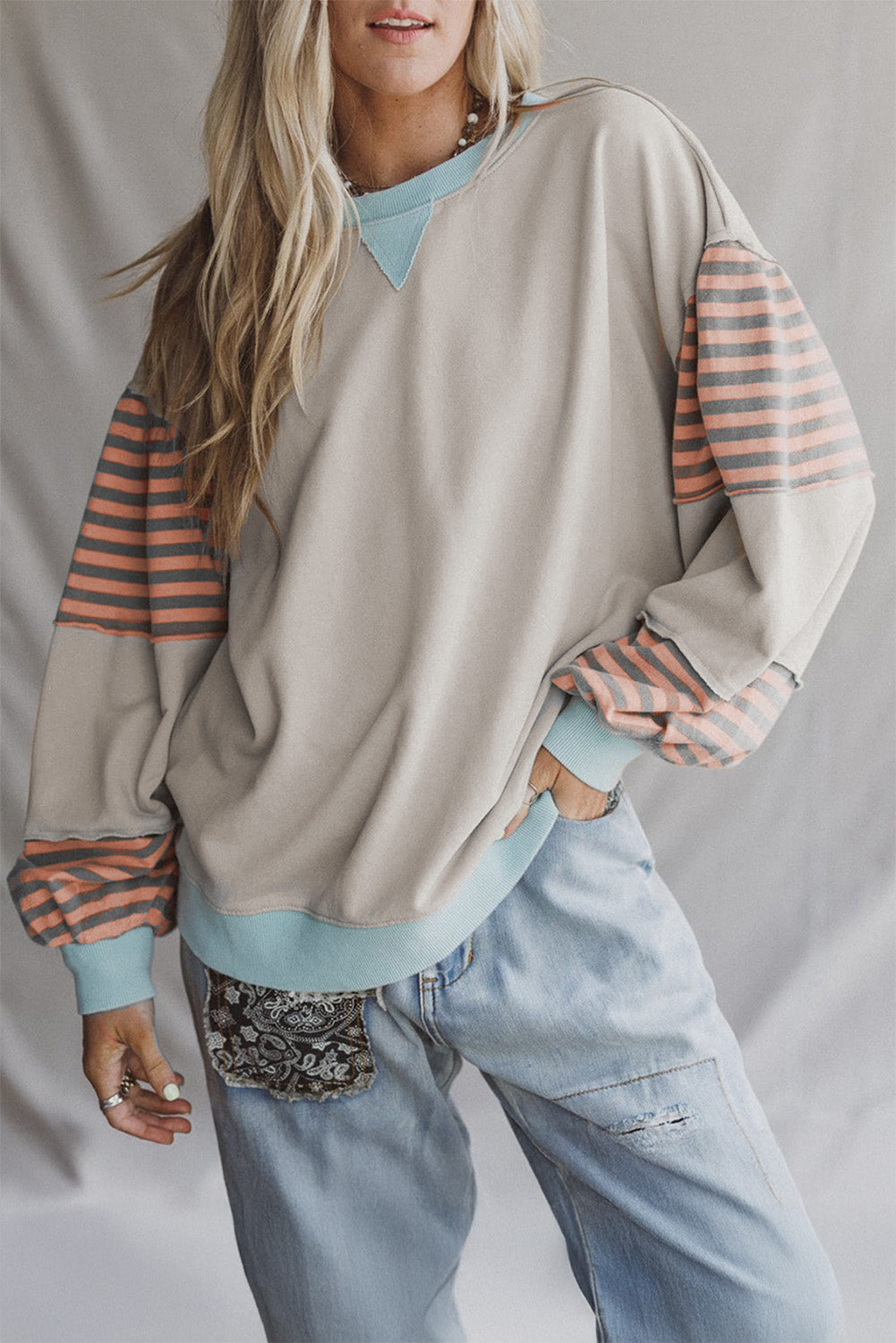 Colorblock Patchwork Striped Sleeve Sweatshirt
