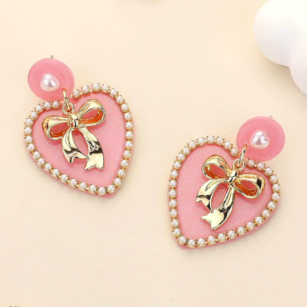 White Bow Heart Earrings