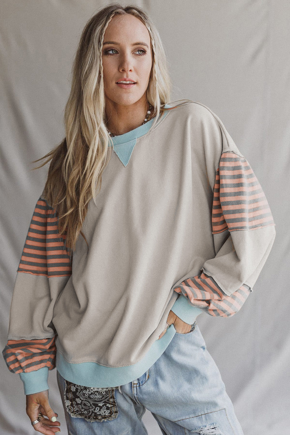 Colorblock Patchwork Striped Sleeve Sweatshirt