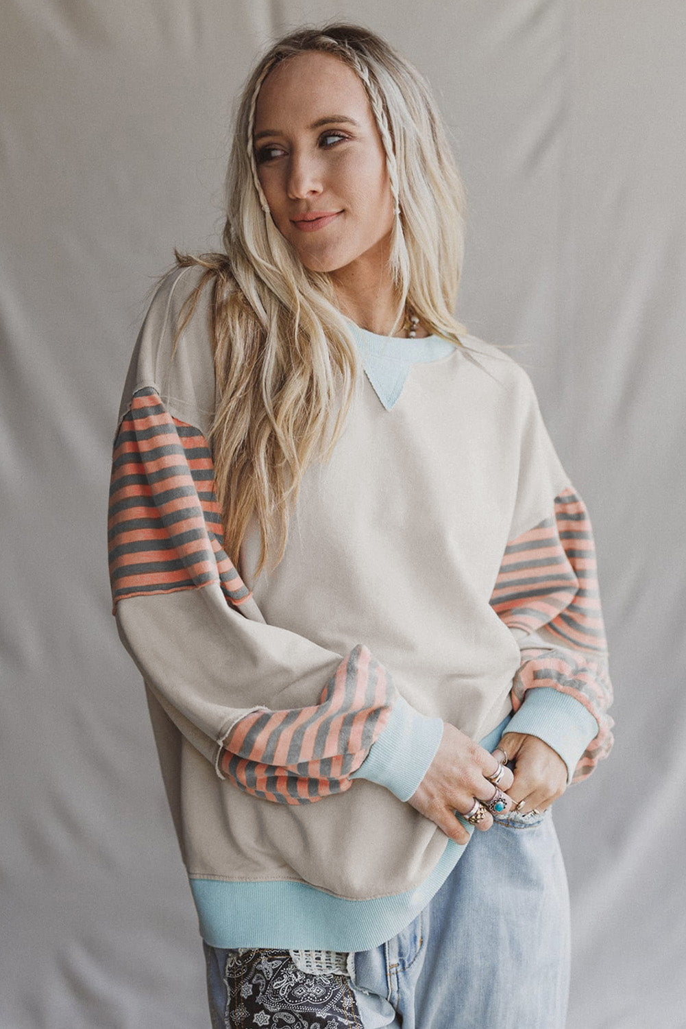 Colorblock Patchwork Striped Sleeve Sweatshirt