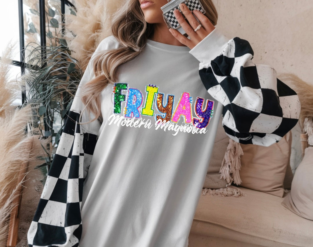 Friyay Multicolor Sequin Patch Top- Gray