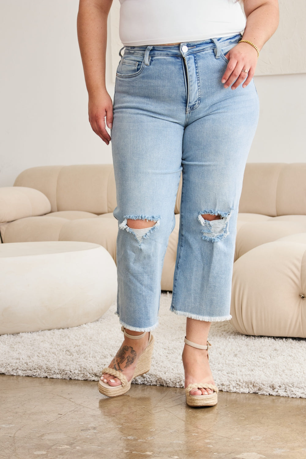 Rylee Tummy Control High Waist Raw Hem Distressed Jeans