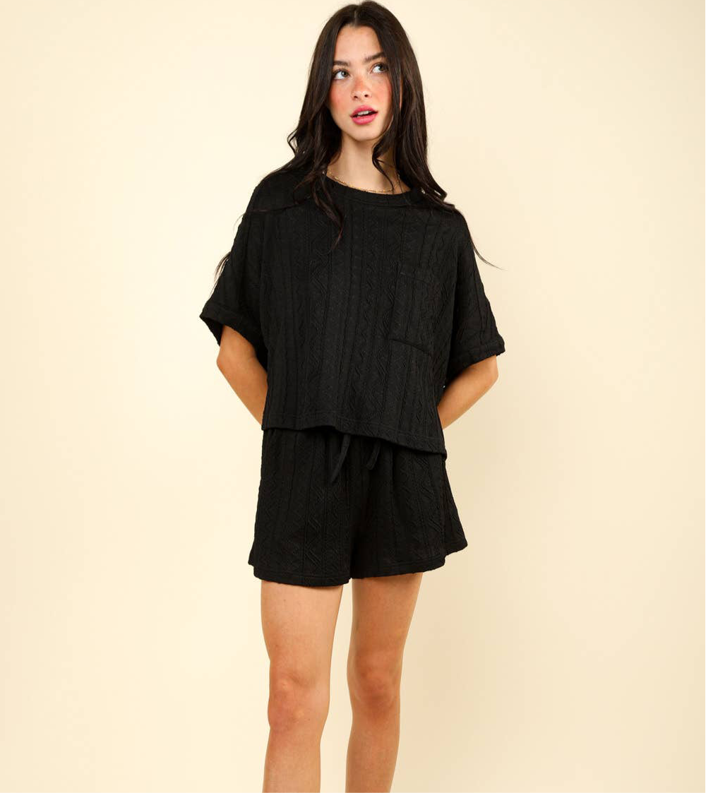 Cable Knit Texture Casual Top & Shorts Set | Black
