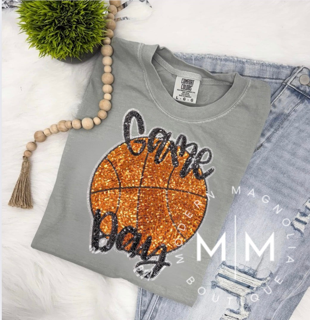 Basketball Gameday Sequins Patch Tshirt | Granite