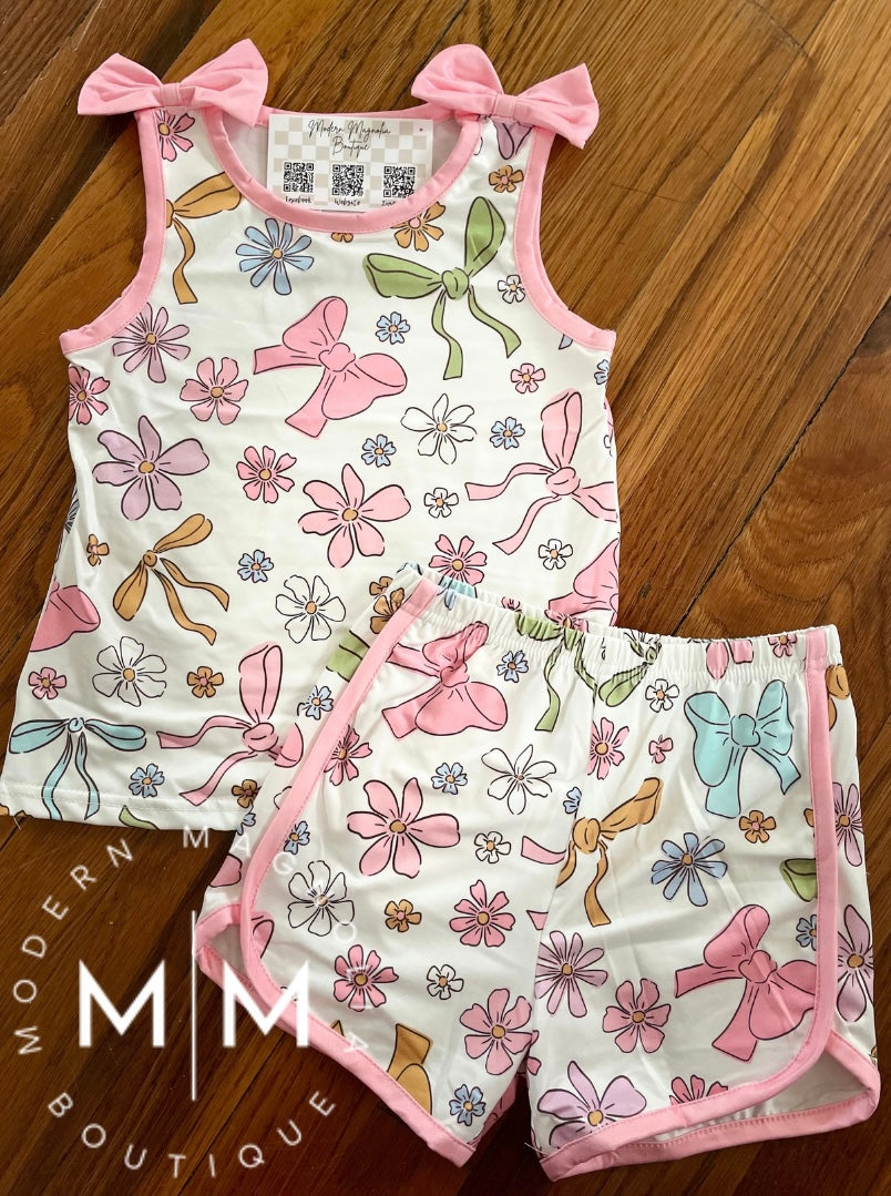 Girls Pink Bow Sleeveless Shorts Set