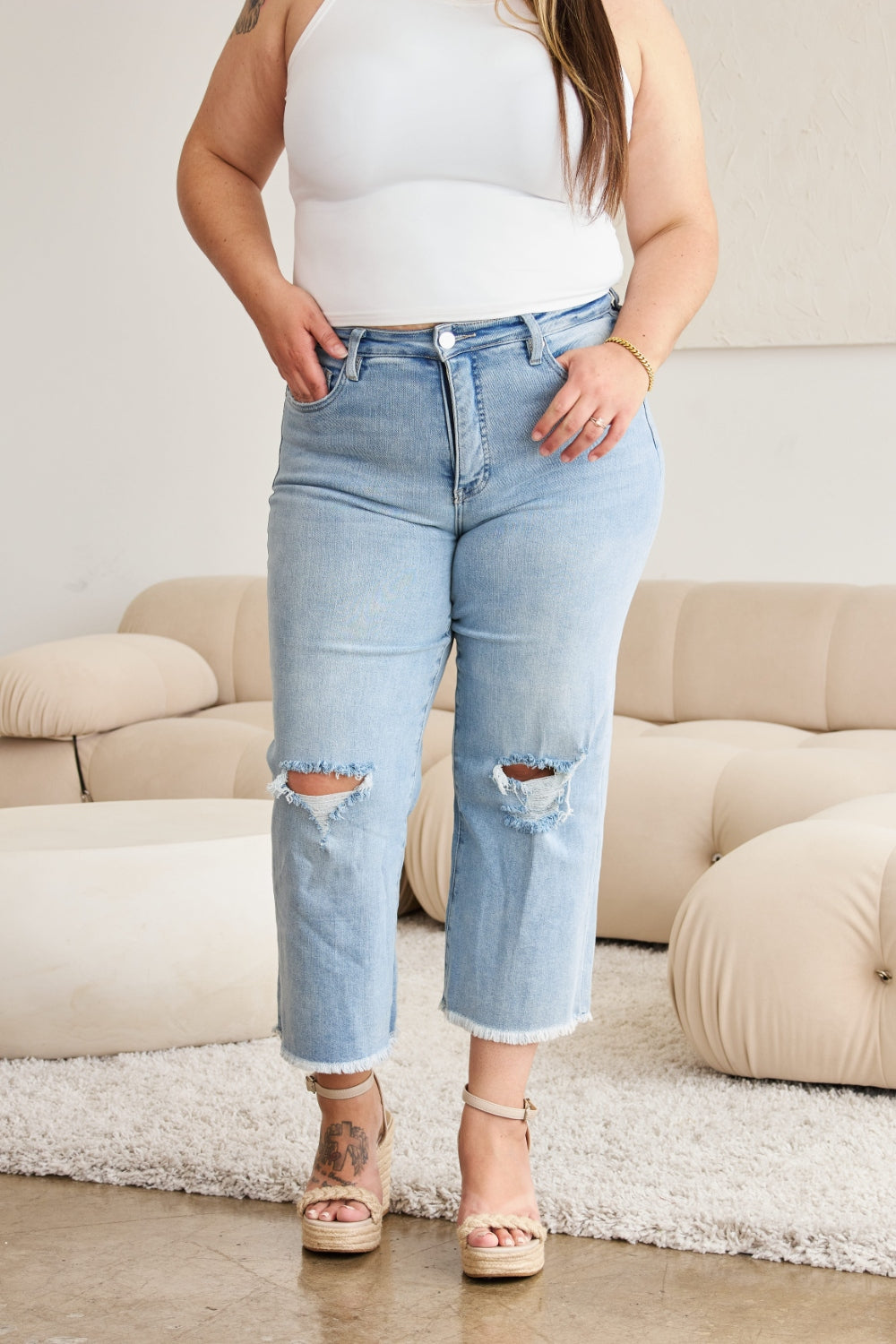 Rylee Tummy Control High Waist Raw Hem Distressed Jeans