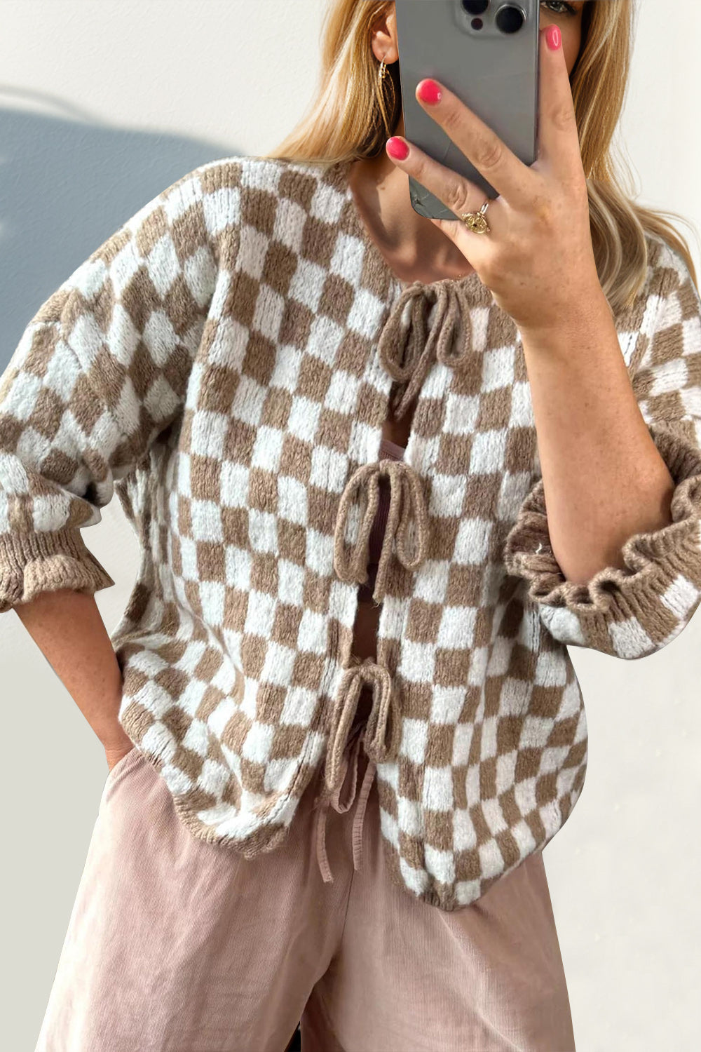 Pink Checkered Flounce Sleeve Cardigan