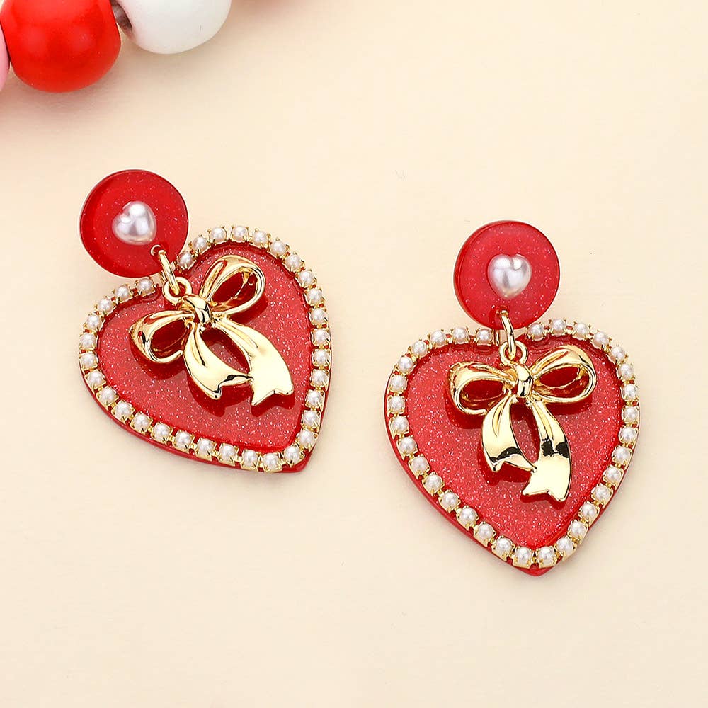 White Bow Heart Earrings