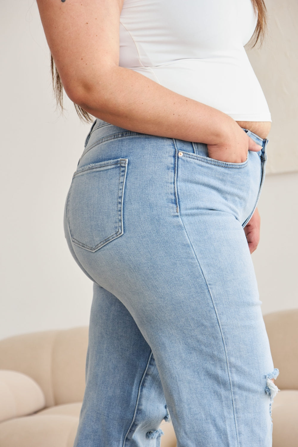 Rylee Tummy Control High Waist Raw Hem Distressed Jeans