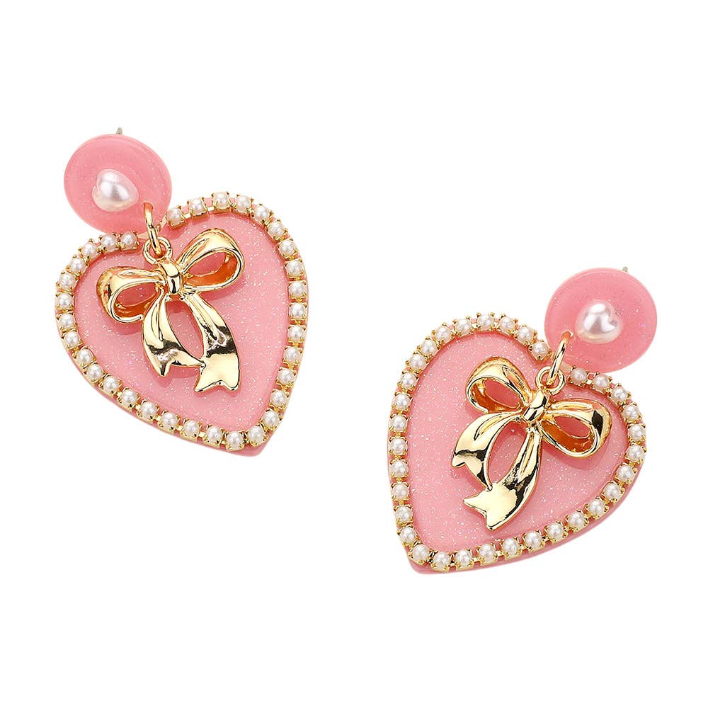 White Bow Heart Earrings