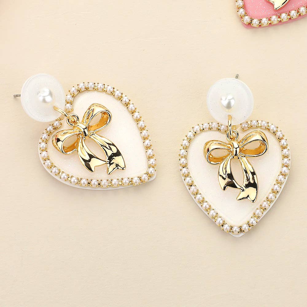 White Bow Heart Earrings