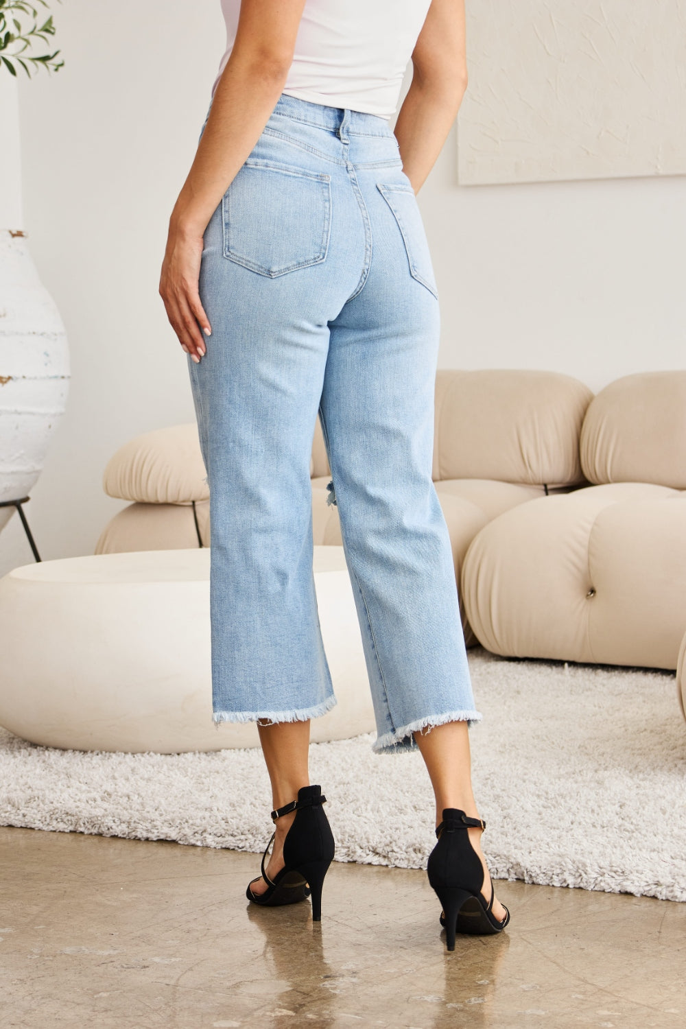 Rylee Tummy Control High Waist Raw Hem Distressed Jeans