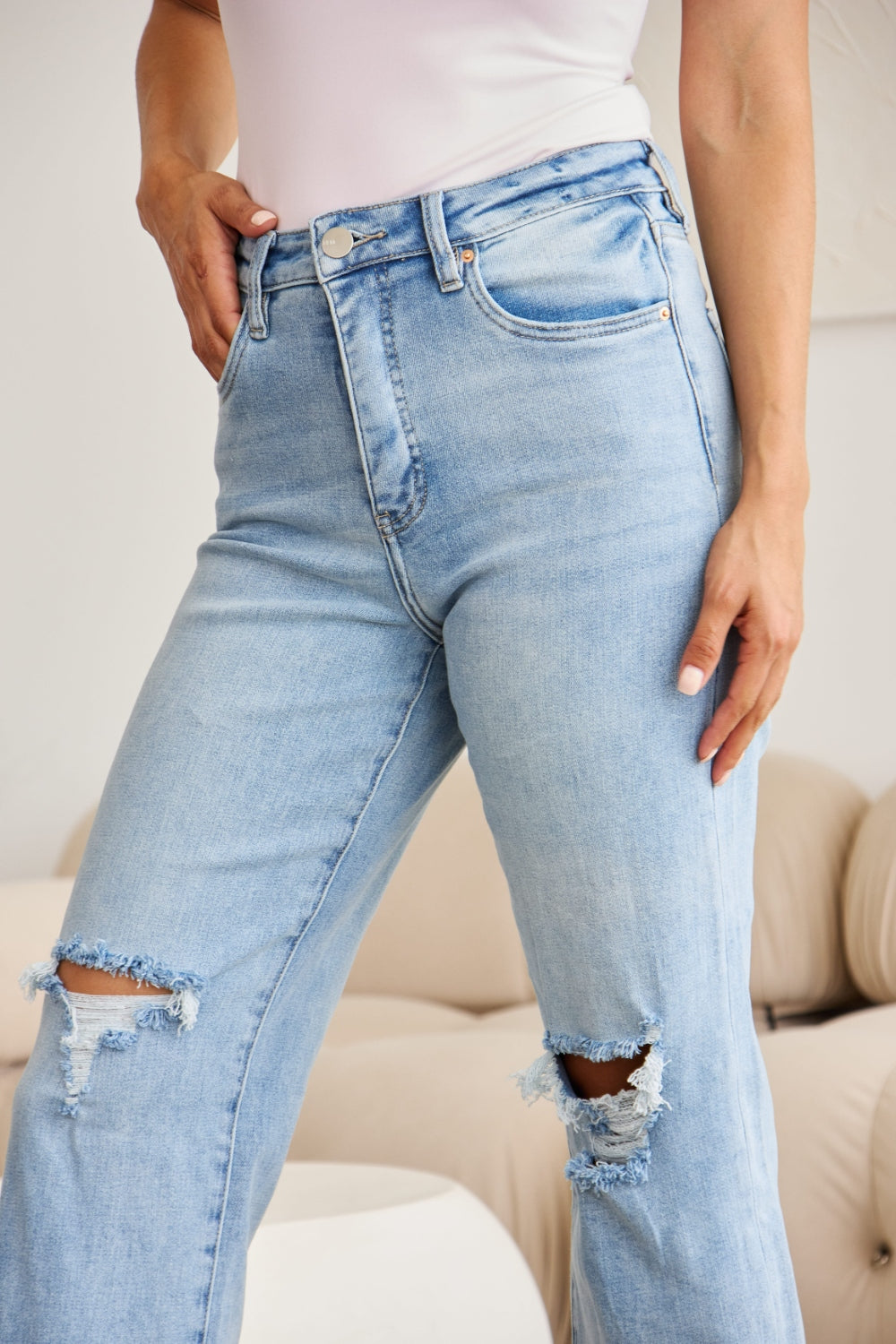 Rylee Tummy Control High Waist Raw Hem Distressed Jeans