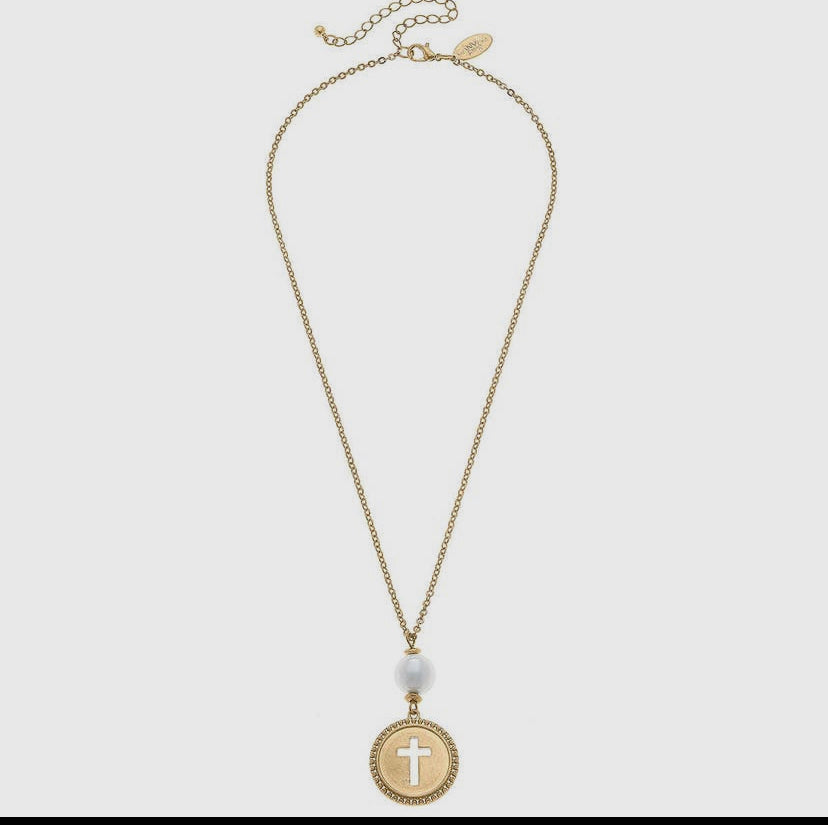 Candace Coin Cross Pearl Necklace