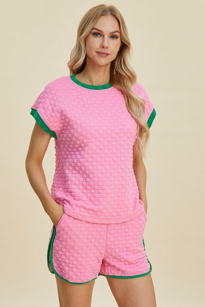 2 Tone Texture Contrast T-Shirt and Shorts Set