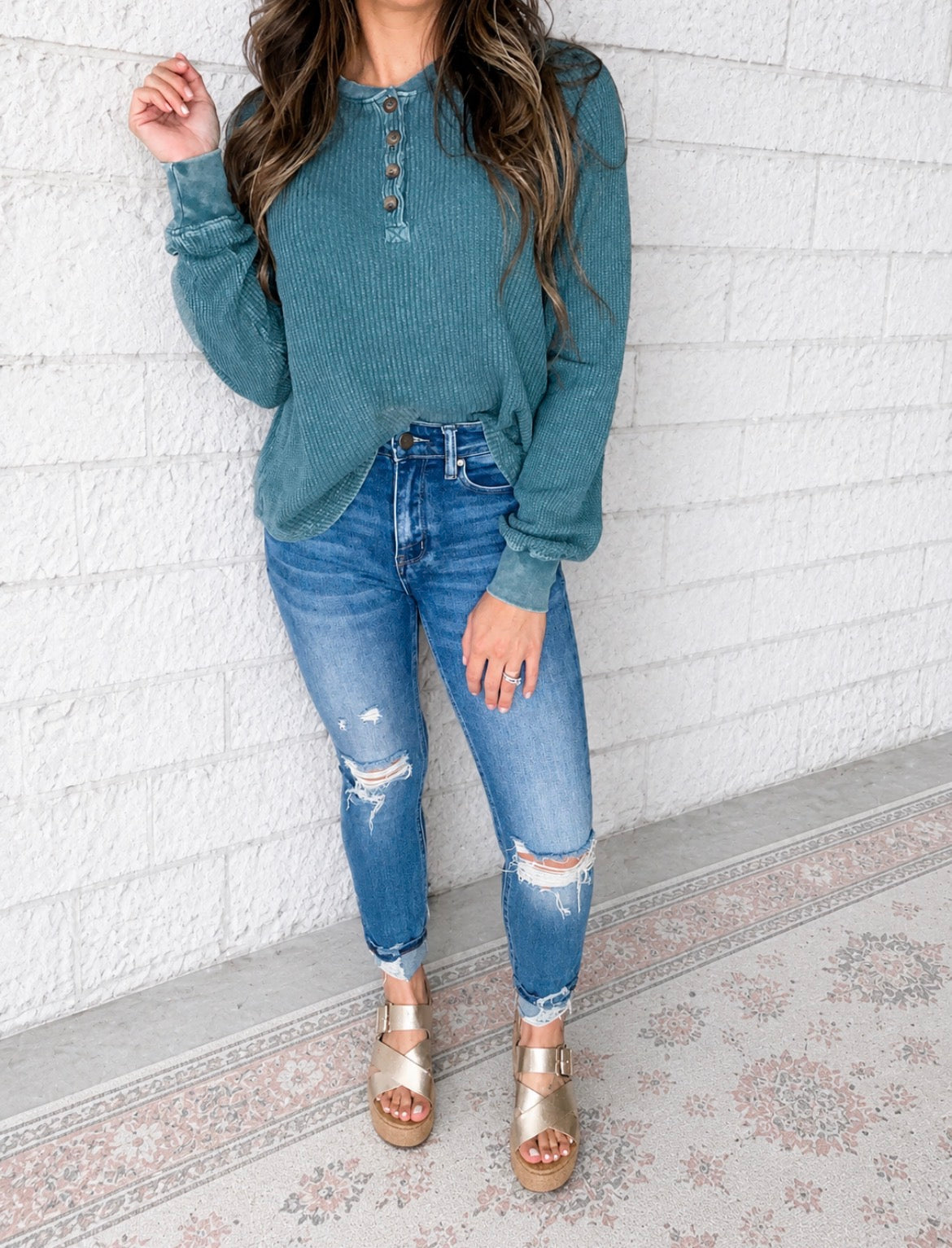 Layla Waffle Knit Henley | Teal