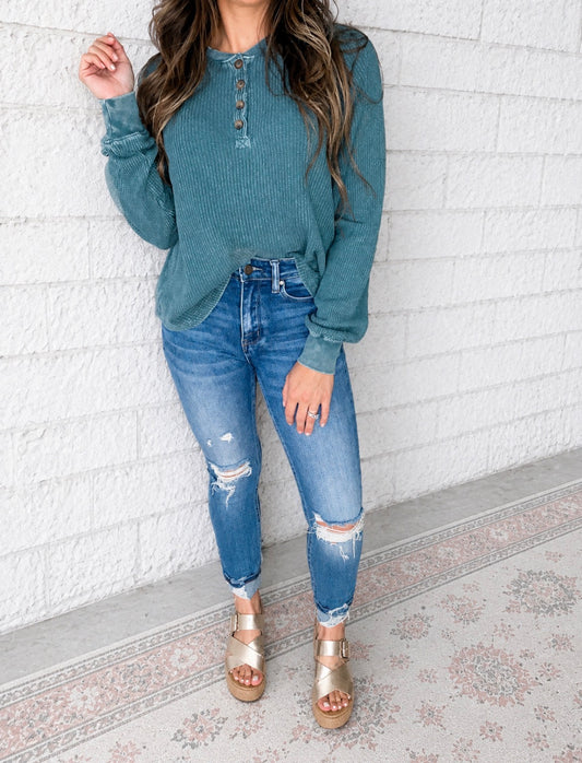 Layla Waffle Knit Henley | Teal