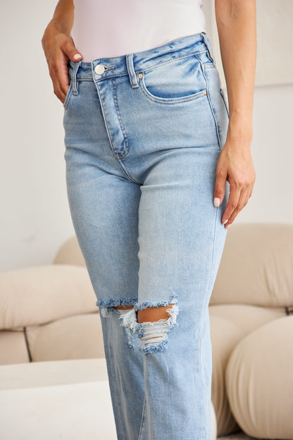 Rylee Tummy Control High Waist Raw Hem Distressed Jeans