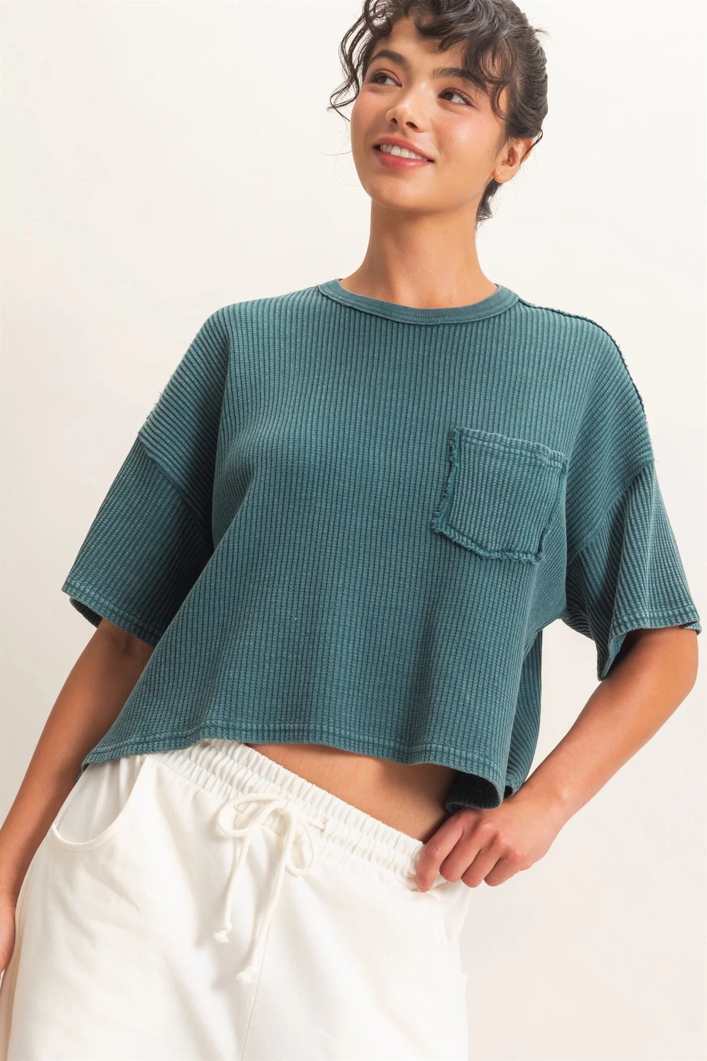 Miranda Waffle Knit Pocket Tee | Teal