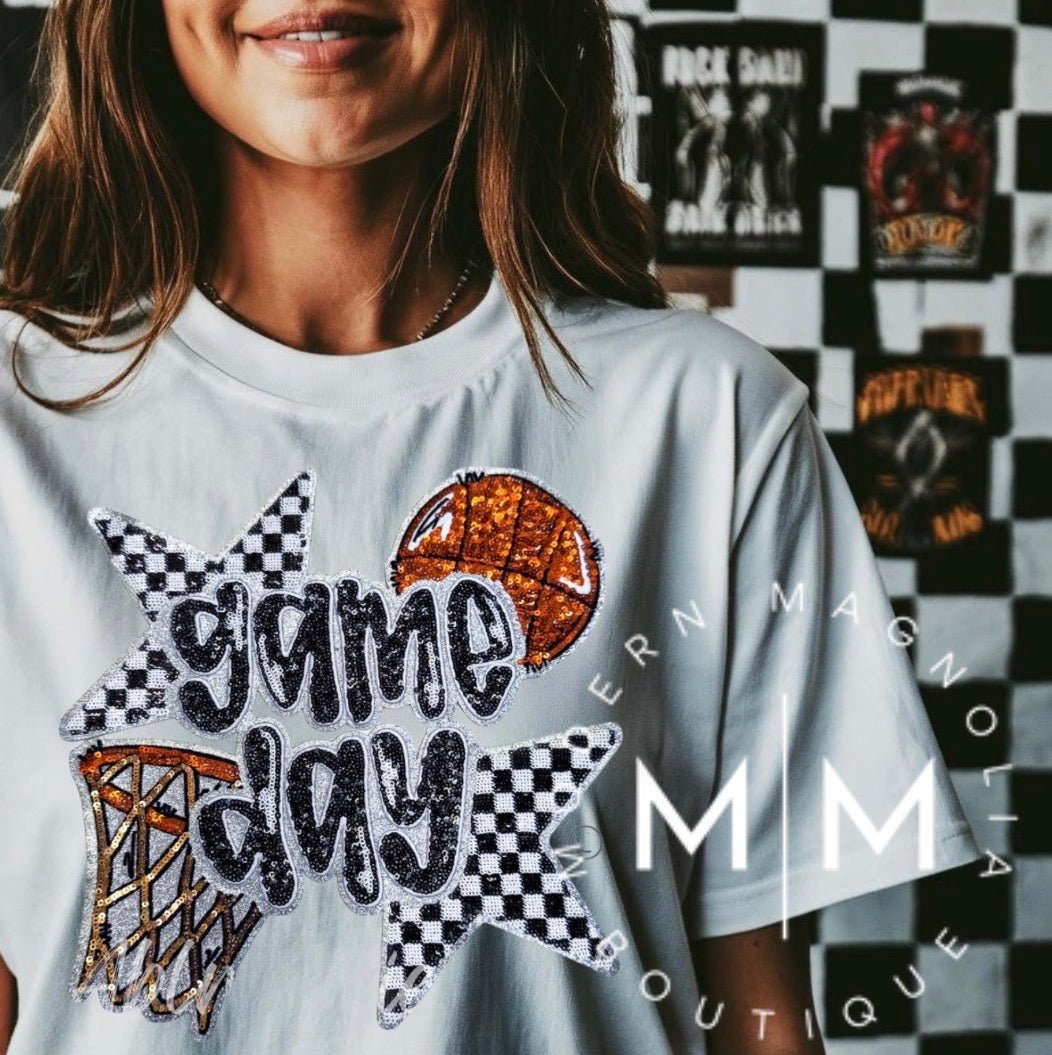 Basketball Hoop Gameday Sequins Patch Tshirt | Ivory