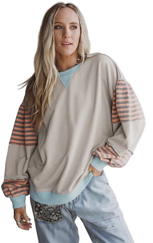 Colorblock Patchwork Striped Sleeve Sweatshirt