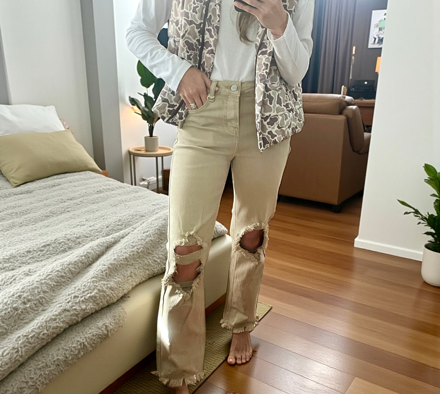 Risen High Rise Distressed Denim | Sand