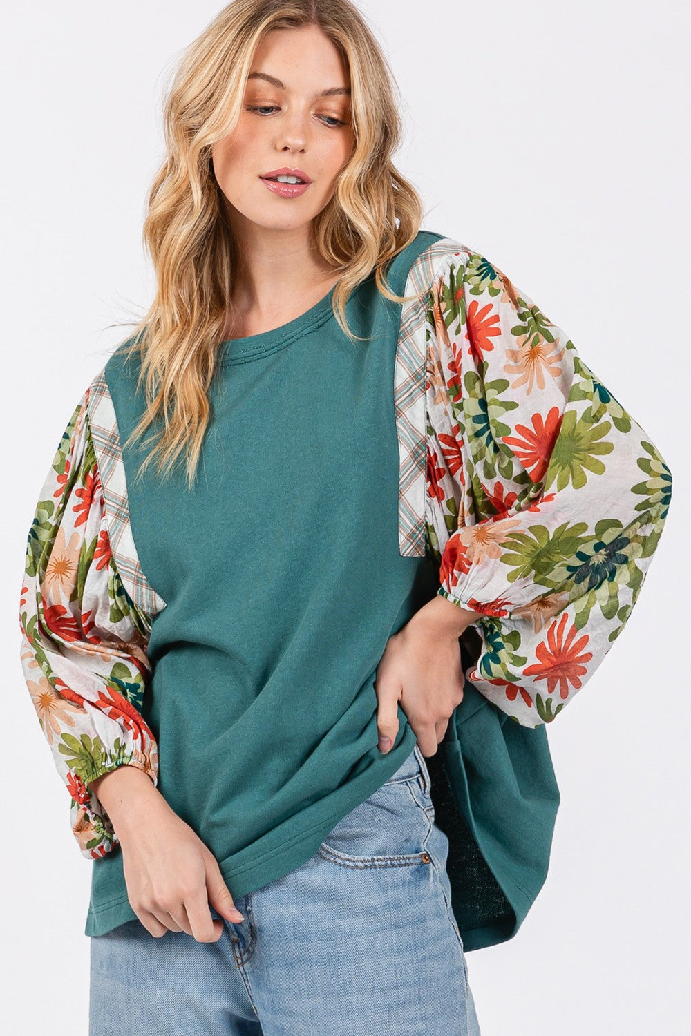 Sammy Printed Balloon Sleeve Contrast Top