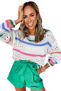 White Colorblock Striped Pointelle Knit Sweater