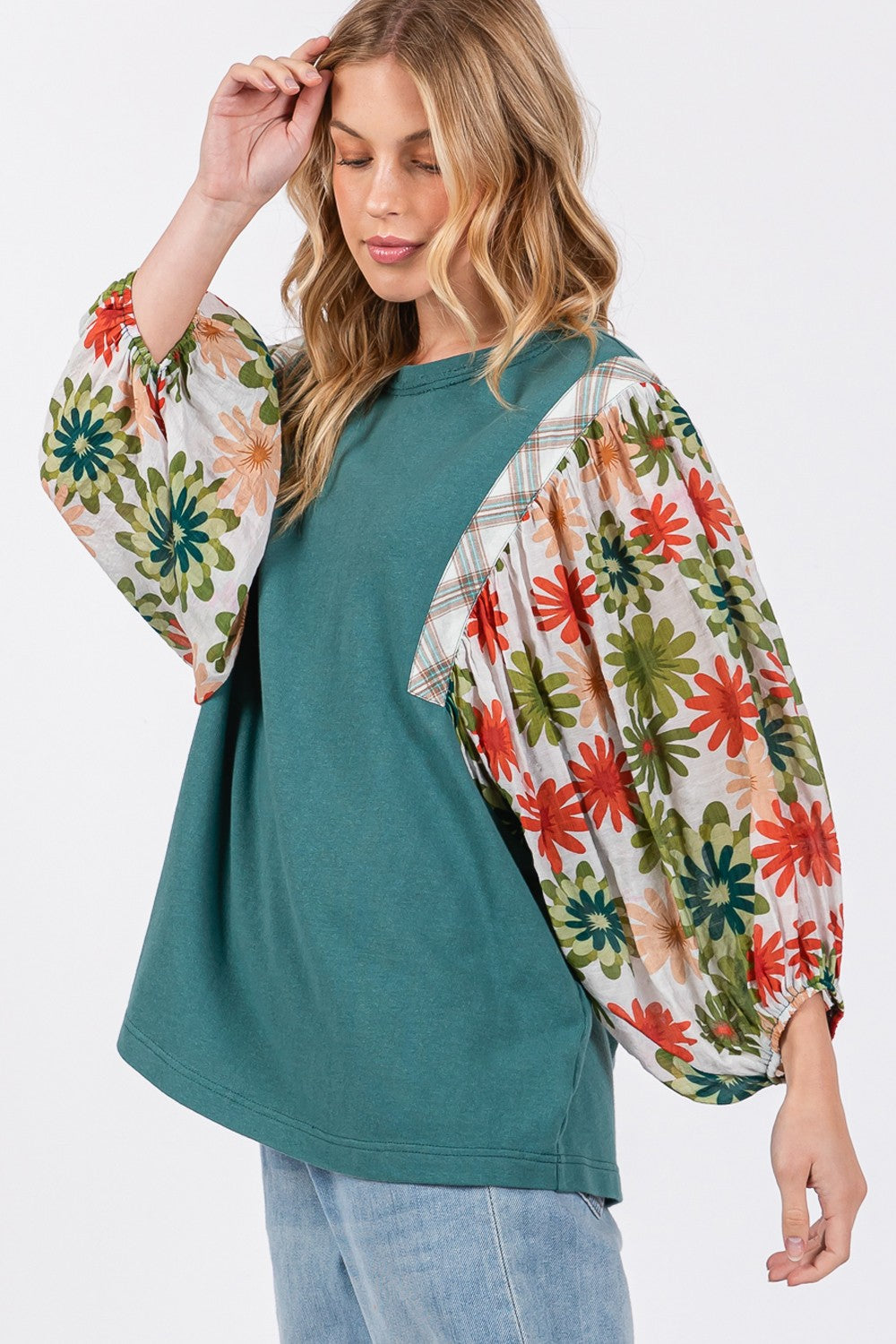 Sammy Printed Balloon Sleeve Contrast Top