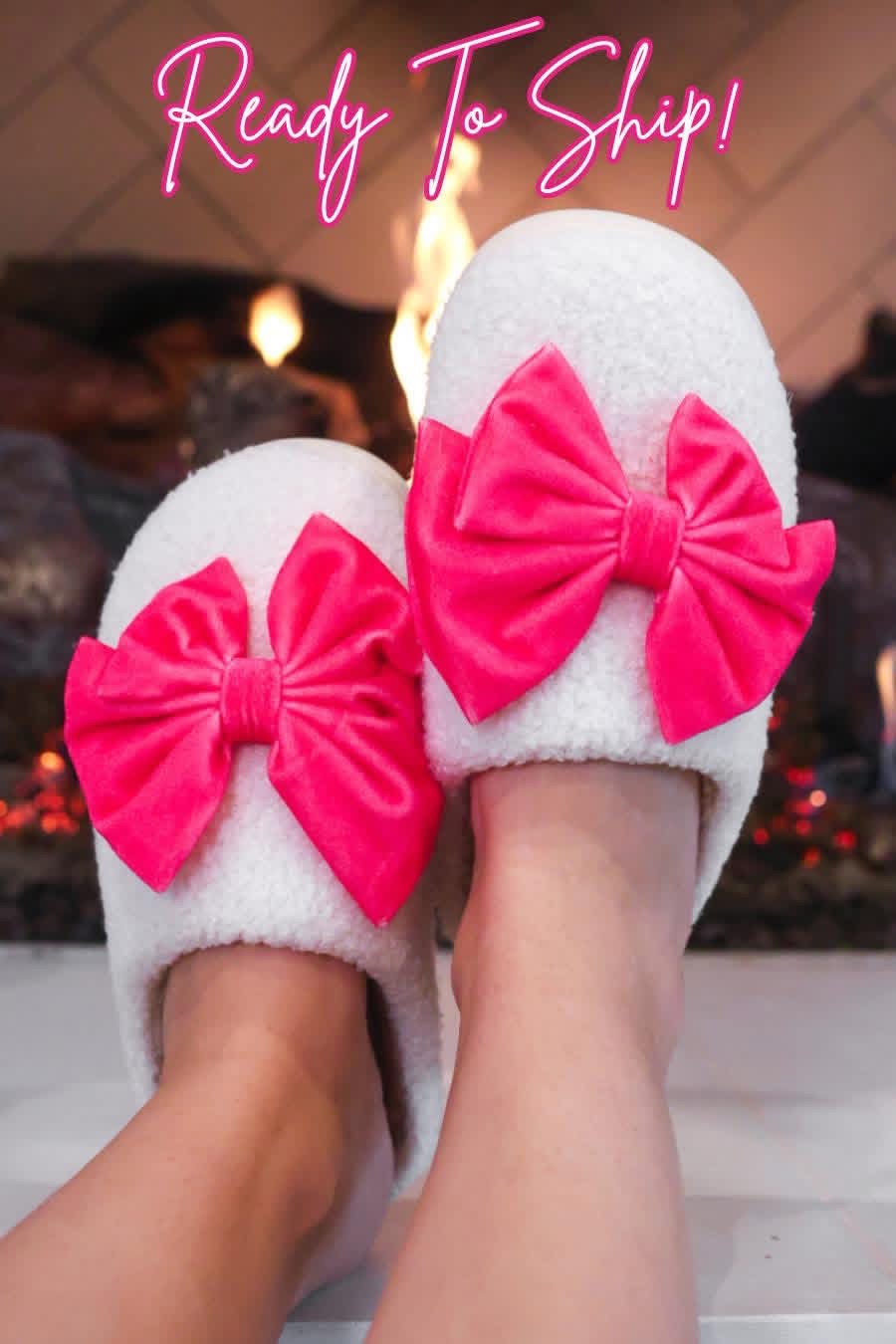 Cozy Bow Slippers- White/Hot Pink