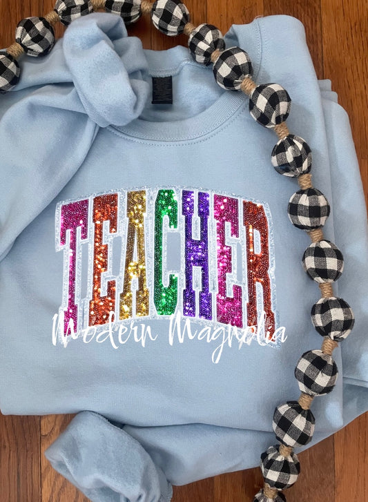 Teacher Multicolor Sequin Patch Top- Light Blue