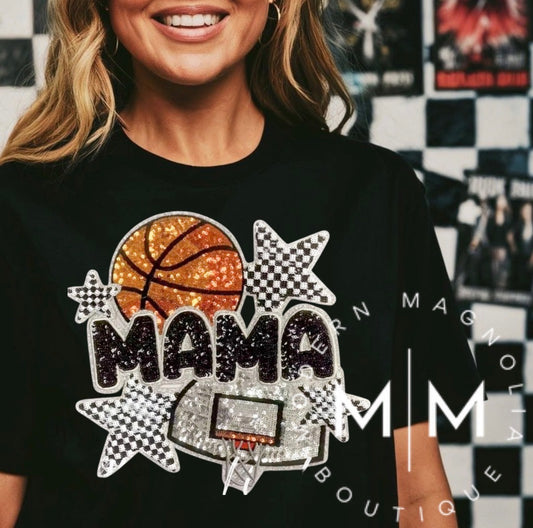 Basketball Mama Checkered Star Sequins Patch Tshirt | Black