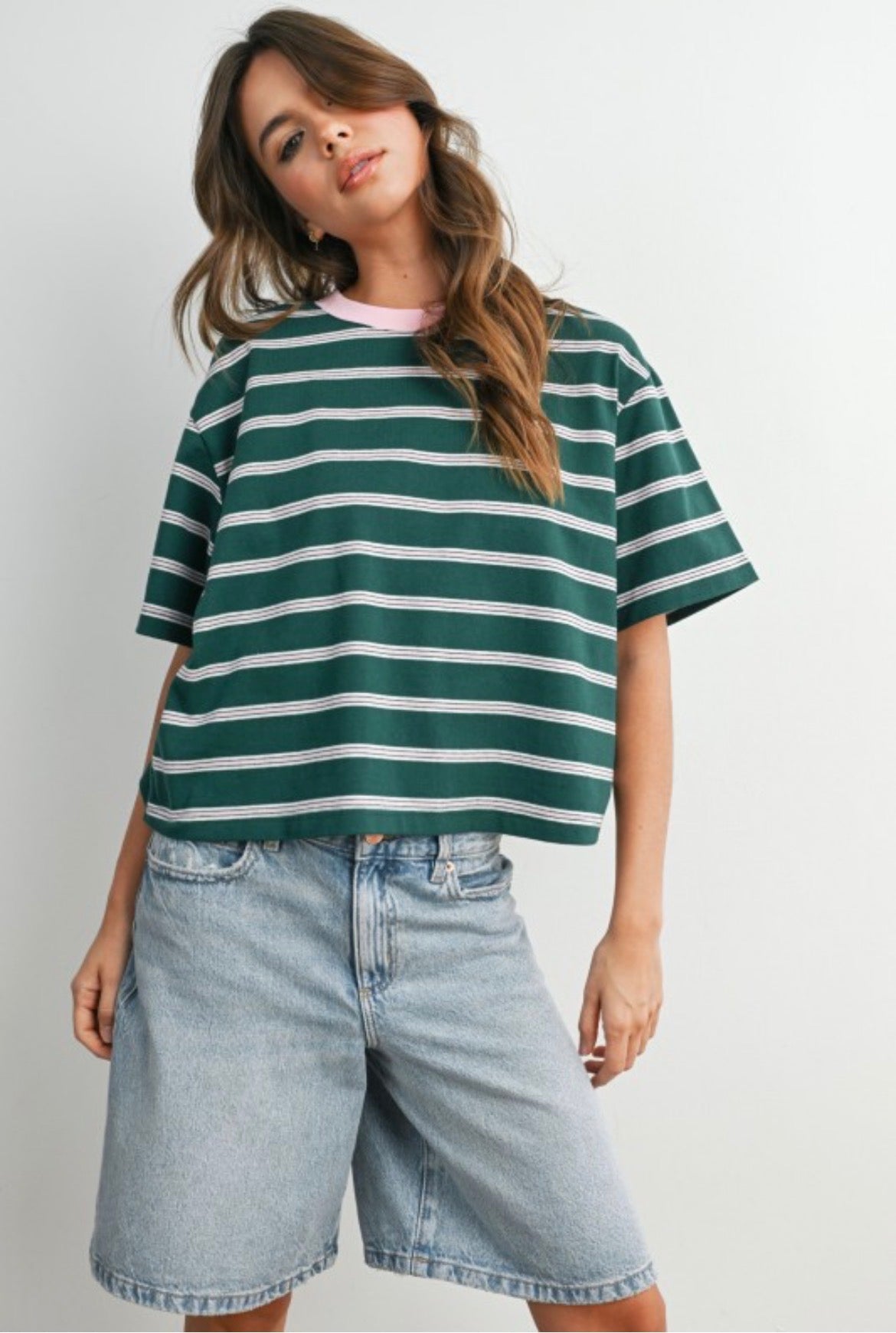 Striped Boxy Tee | Green