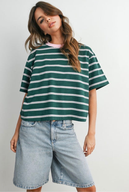 Striped Boxy Tee | Green