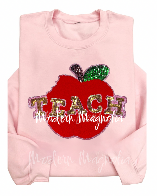 Teach/Apple Sequin Patch Top- Baby Pink