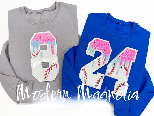 Sequin Baseball Drip Number Gameday Crewneck