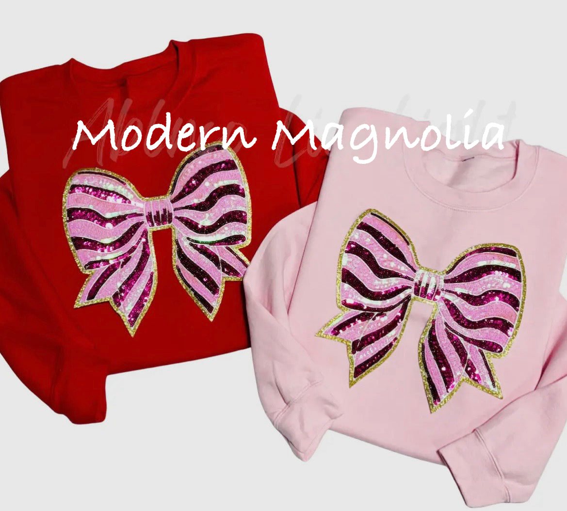 Pink Stripes Bow Sequins Patch Sweatshirt