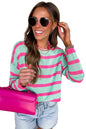 Green Striped Round Neck Colorblock Knit Sweater