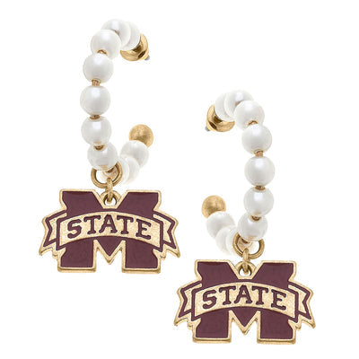 Pearl Hoop Drop Earrings- MSU